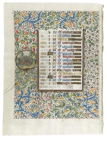 (ILLUMINATED MANUSCRIPT.) Vellum caldendrical leaf depicting October with labor of the month Sowing, zodiac Scorpion on verso.